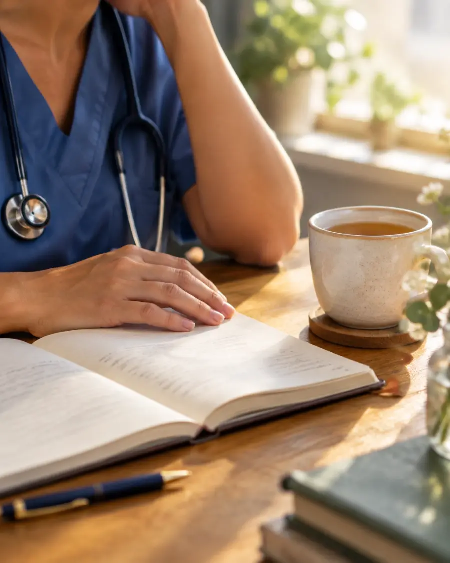 Nurse’s journal and tea in soft morning light